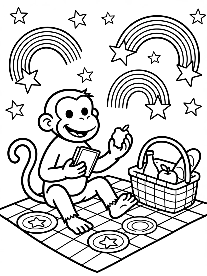 Curious George having a picnic, with stars and rainbows in the background.