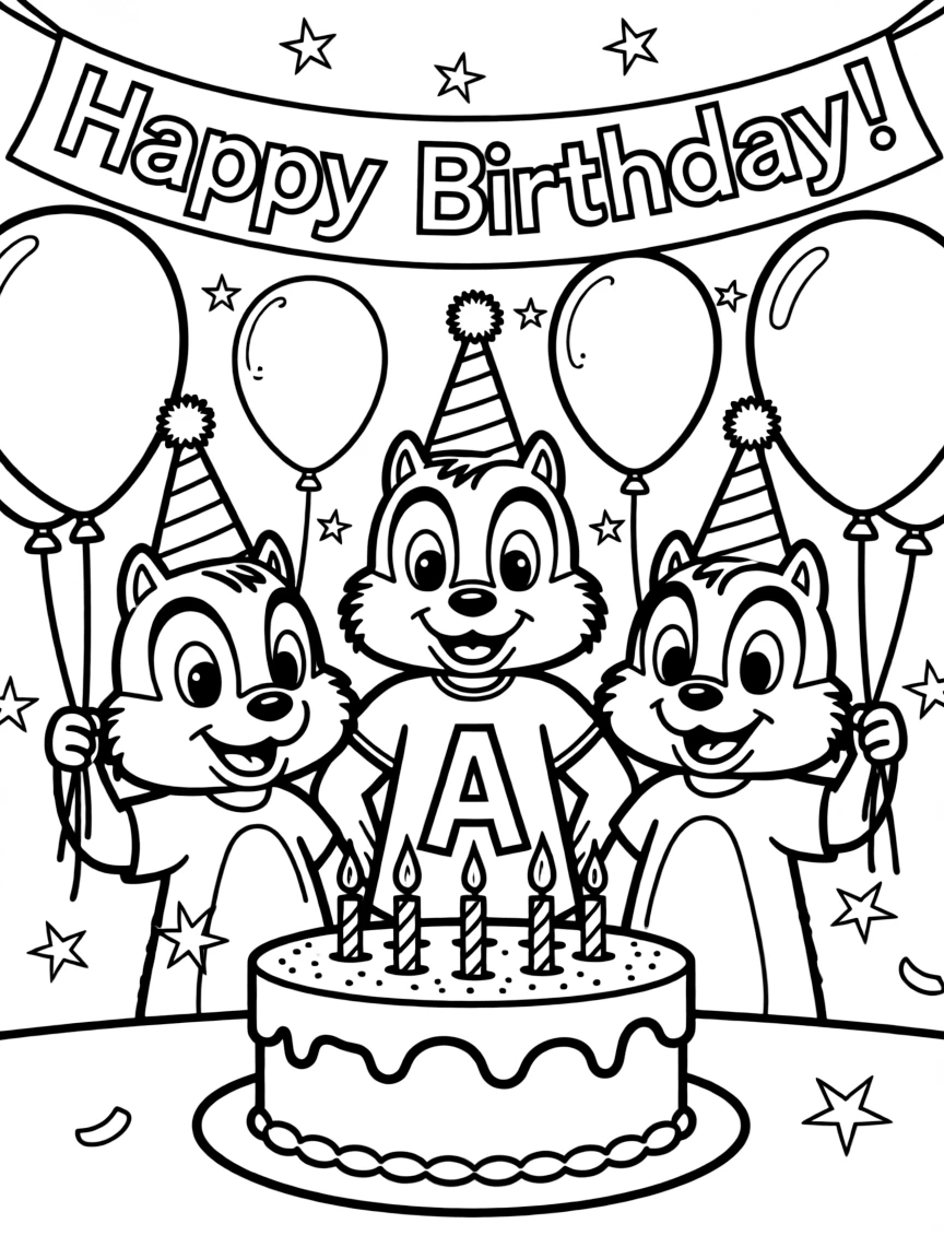 Alvin and the Chipmunks celebrating a birthday, with big bold outlines for easy coloring.