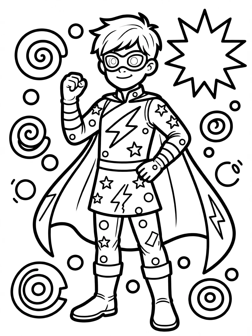 Avatar: The Last Airbender wearing a superhero costume, with playful patterns around.