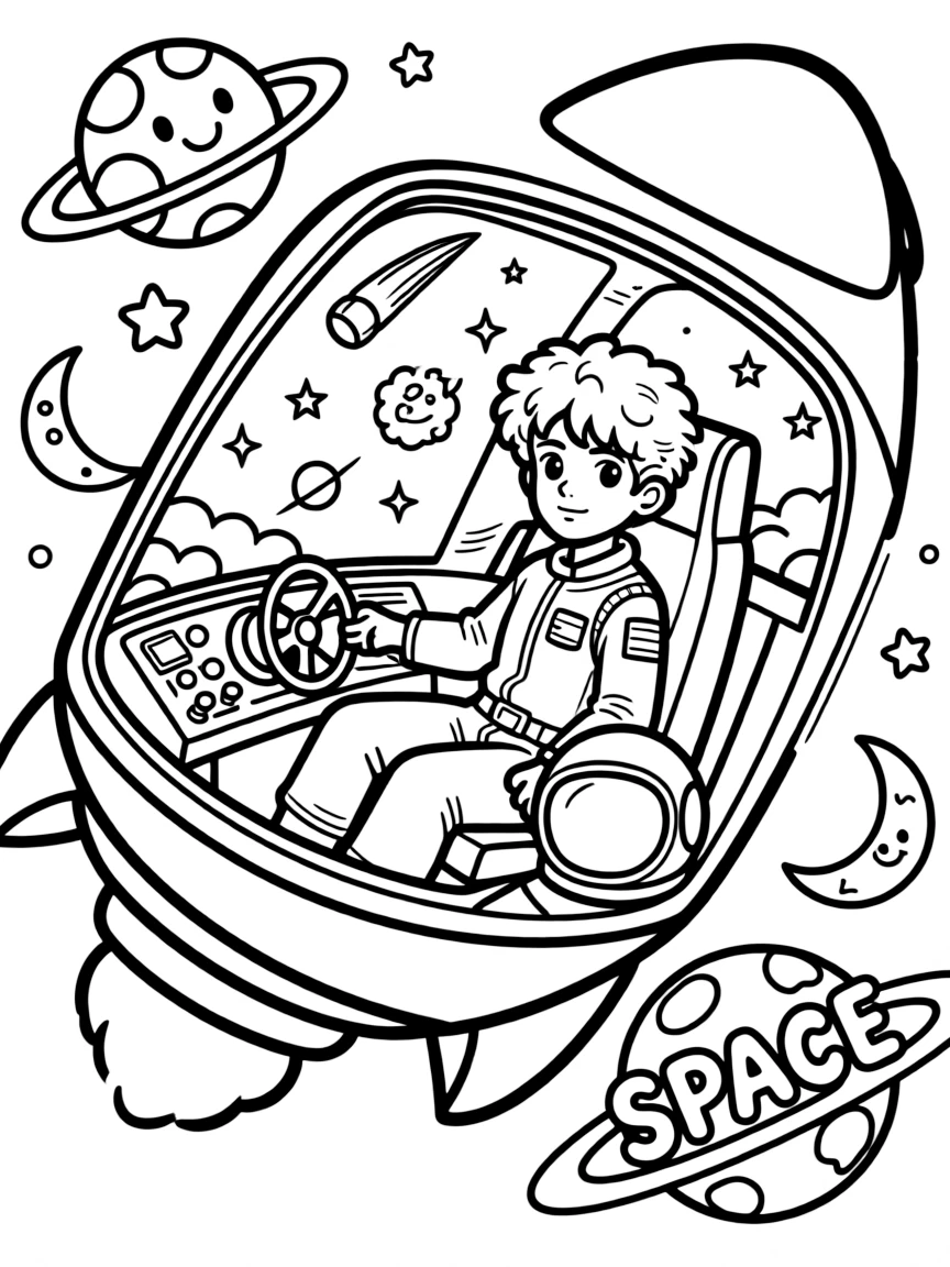 Usopp exploring space in a rocket, with fun background elements.