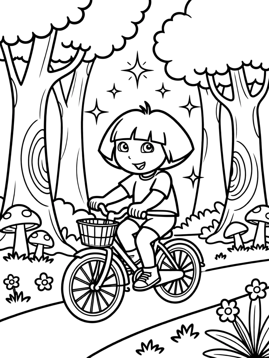 Dora the Explorer riding a bicycle, in a magical forest setting.
