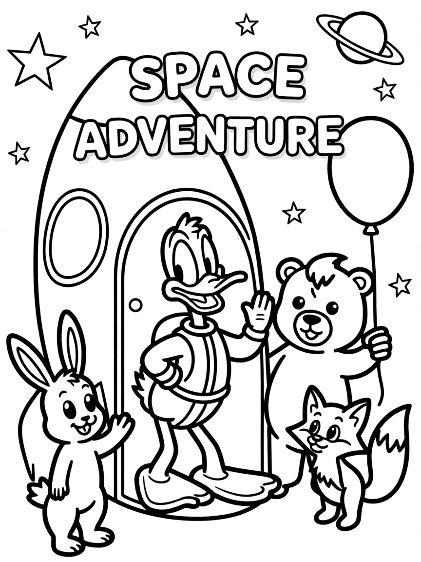Daffy Duck exploring space in a rocket, surrounded by friendly animals.