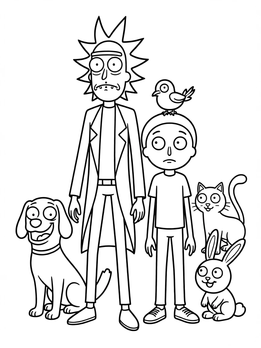 Rick and Morty posing heroically, surrounded by friendly animals.