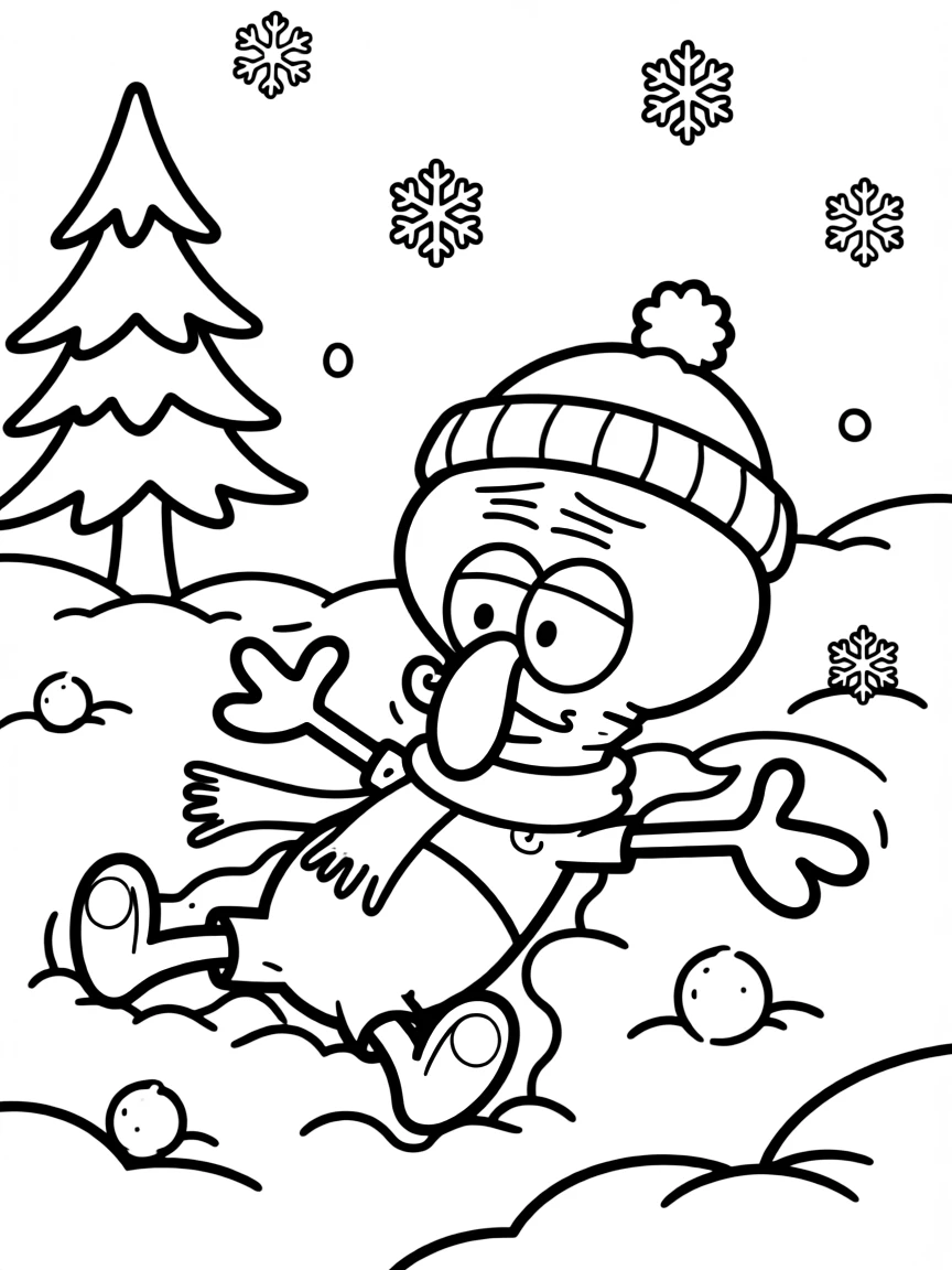 Squidward Tentacles playing in the snow, with big bold outlines for easy coloring.