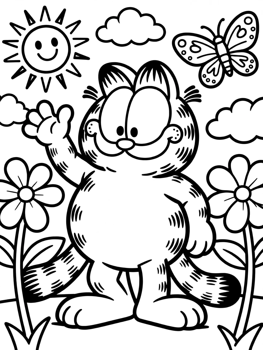 Garfield waving hello, with fun background elements.