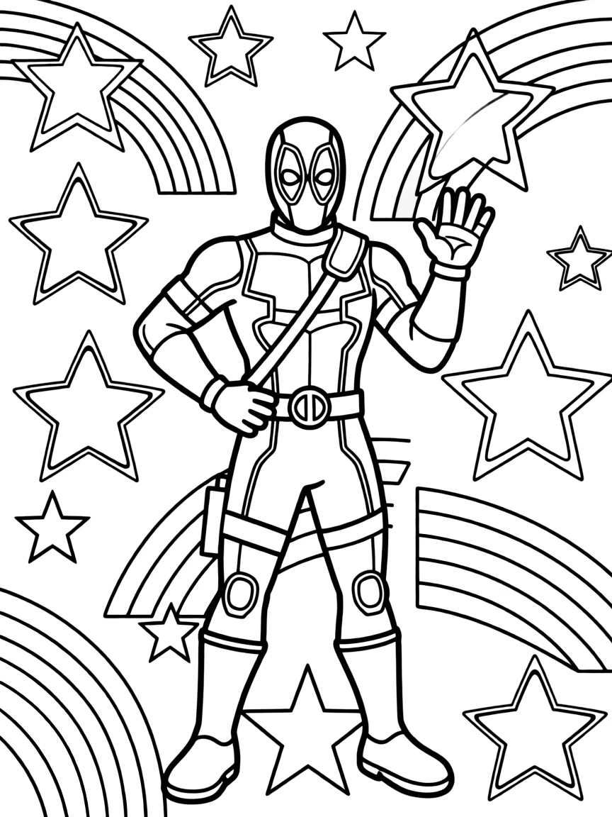 Deadpool wearing a superhero costume, with stars and rainbows in the background.