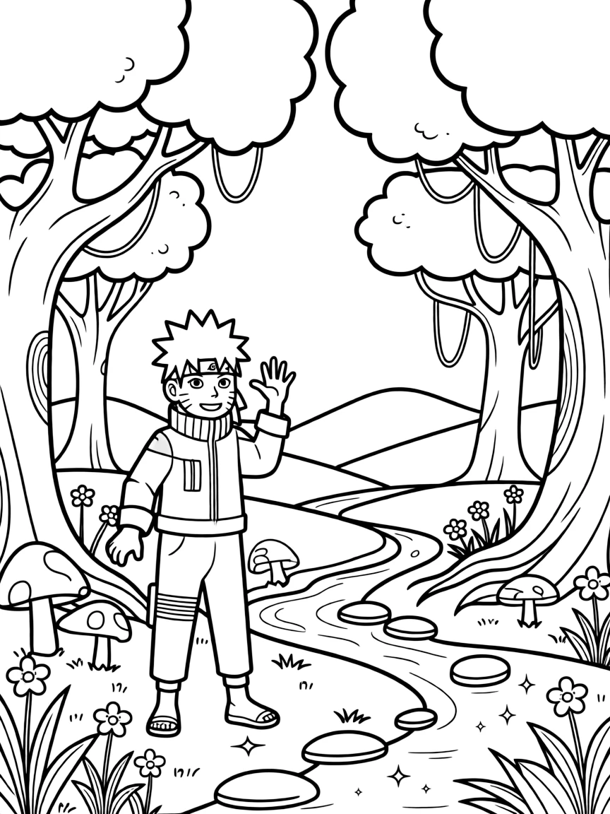 Naruto waving hello, in a magical forest setting.