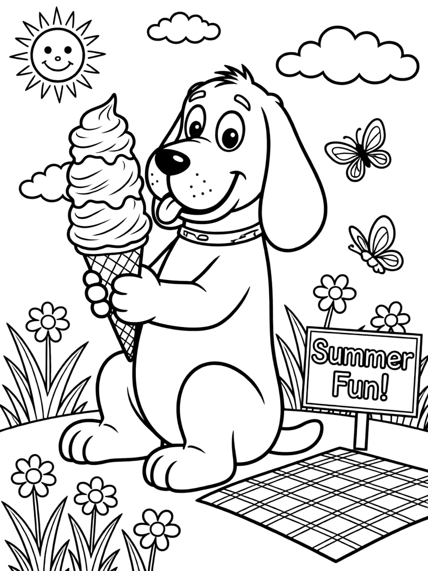 Clifford the Big Red Dog enjoying an ice cream cone, with fun background elements.