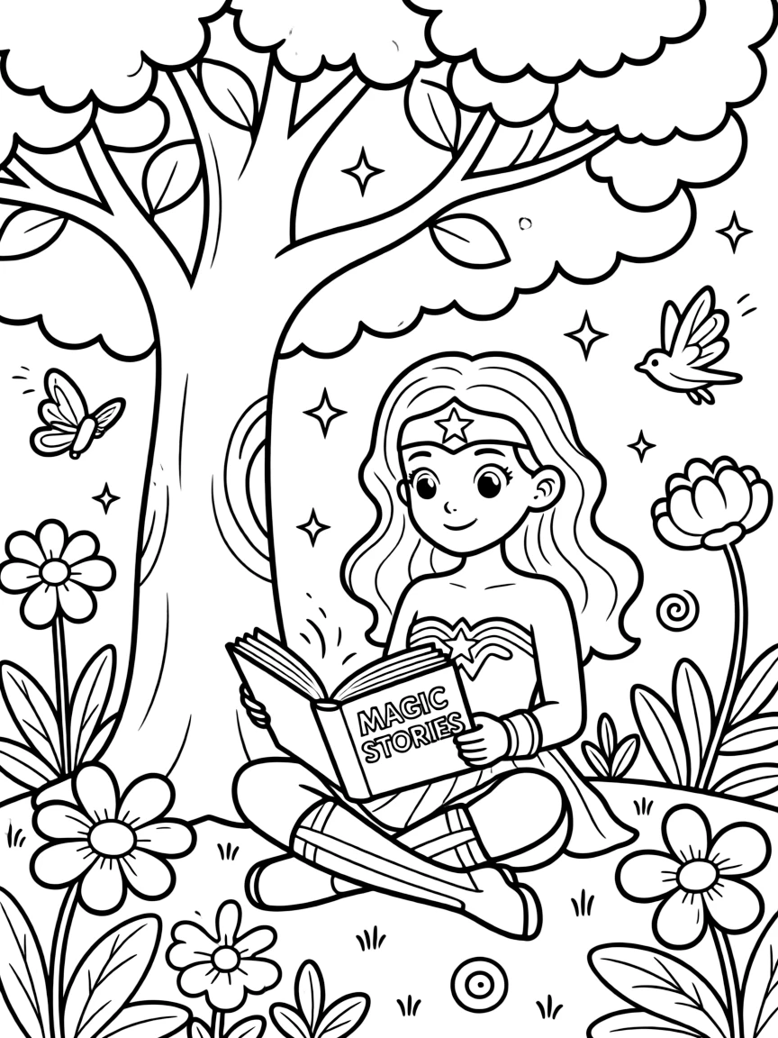 Wonder Woman reading a book under a tree, in a magical forest setting.