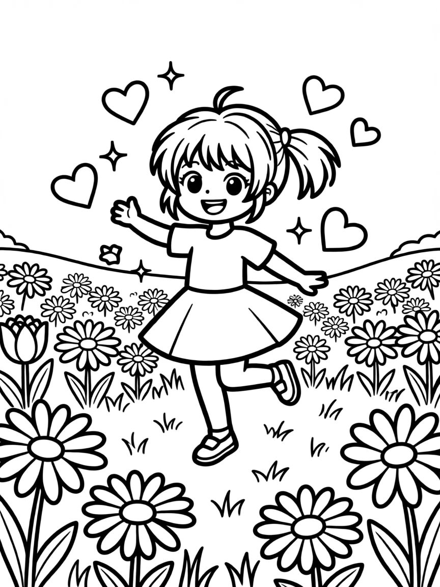 Sakura dancing in a field of flowers, with hearts and sparkles around.