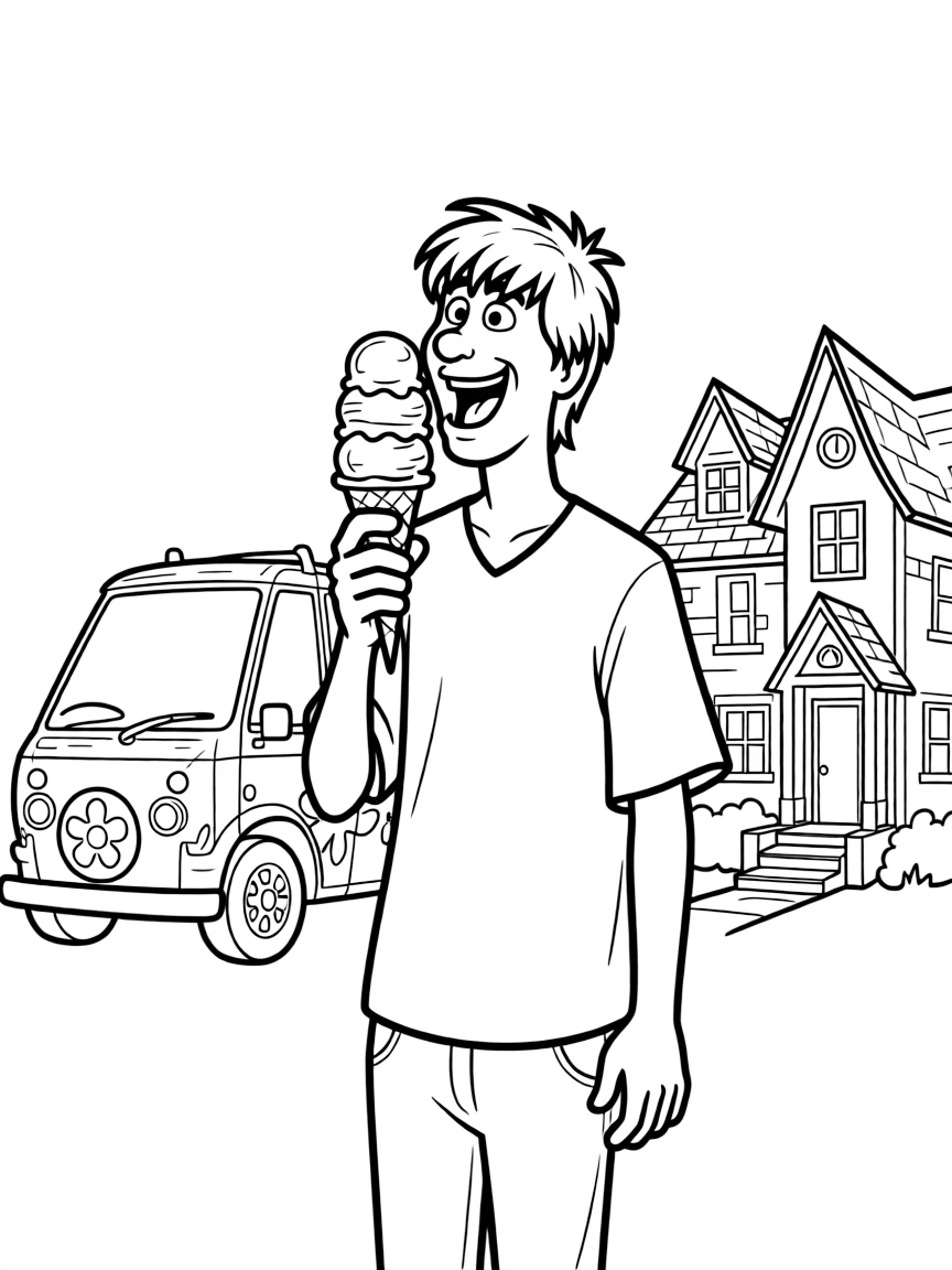 Shaggy Rogers enjoying an ice cream cone, in front of their famous house or scene.