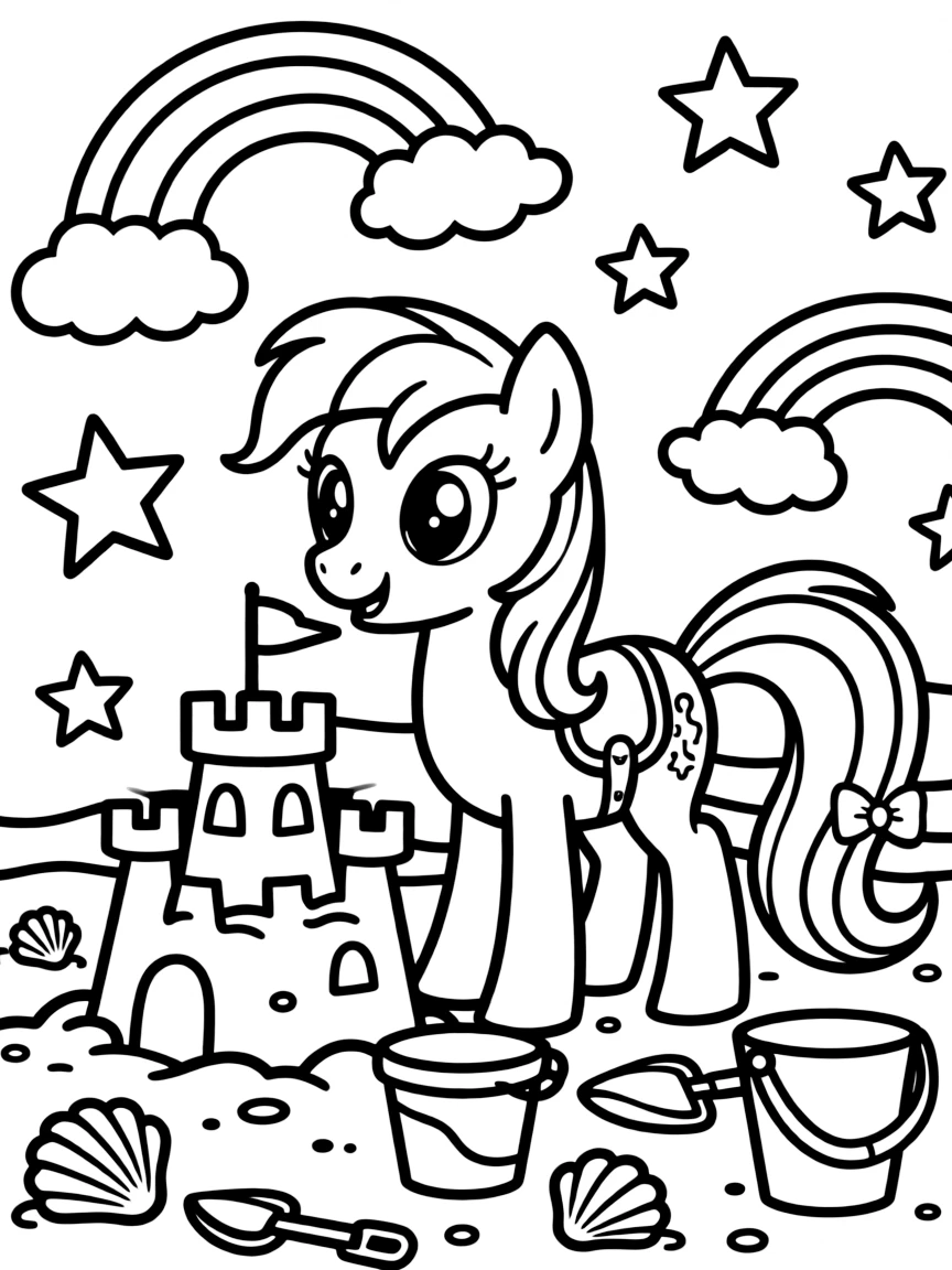 My Little Pony building a sandcastle, with stars and rainbows in the background.
