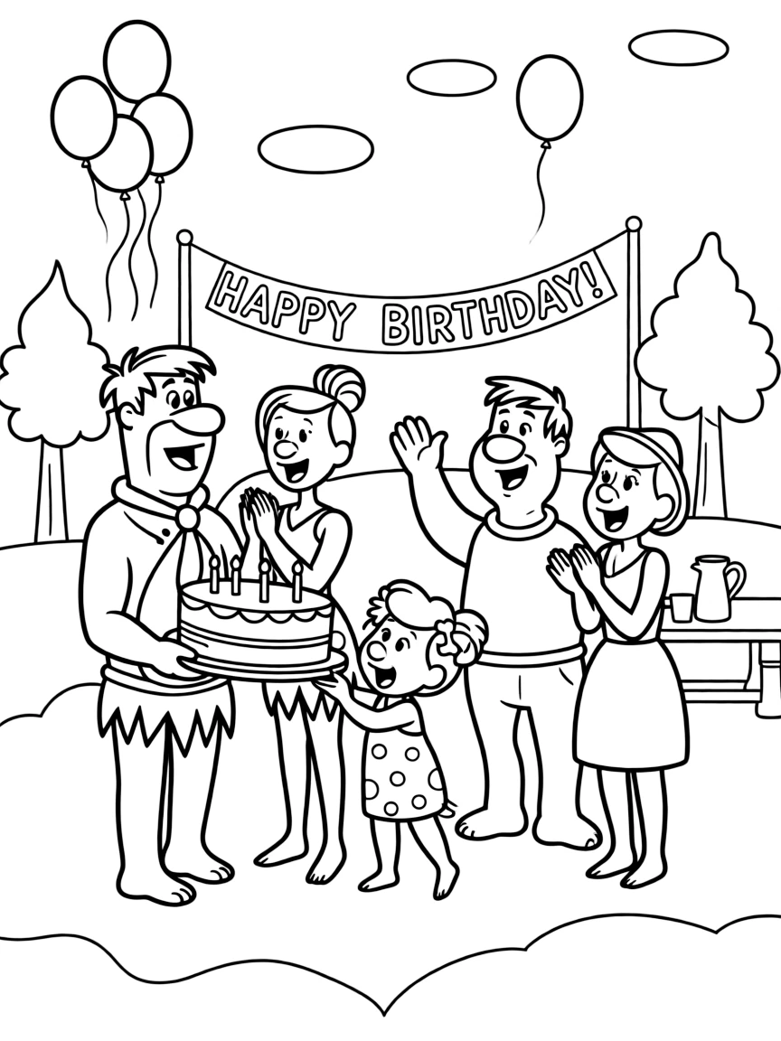 The Flintstones celebrating a birthday, with fun background elements.