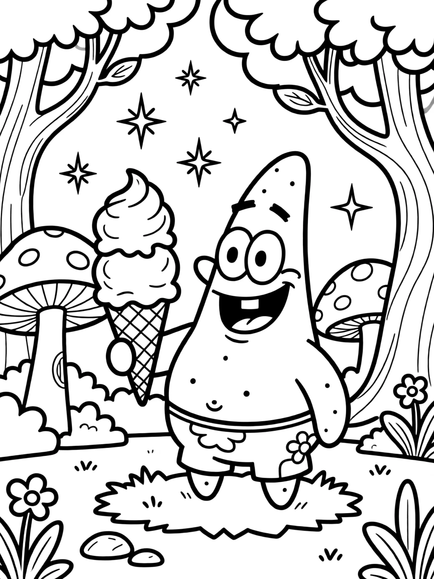 Patrick Star enjoying an ice cream cone, in a magical forest setting.