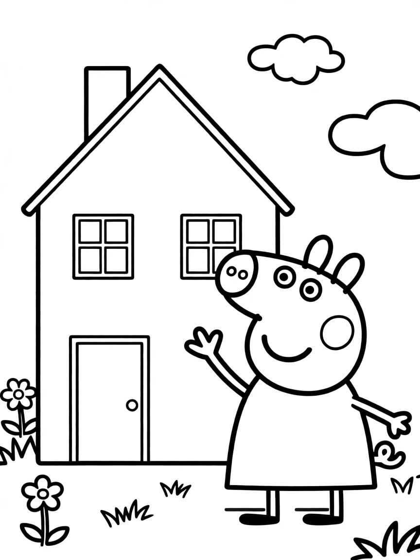Peppa Pig waving hello, in front of their famous house or scene.