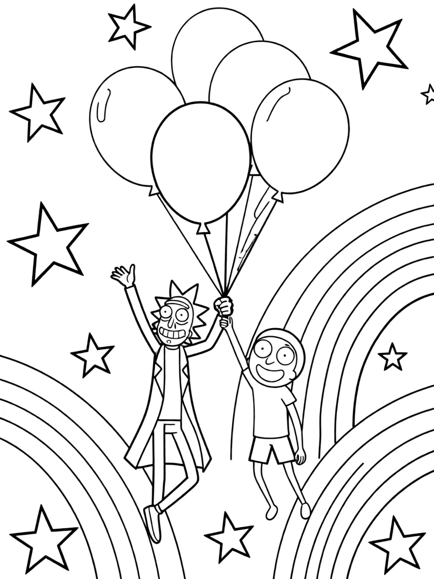 Rick and Morty flying with balloons, with stars and rainbows in the background.