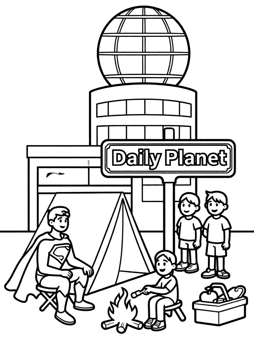 Superman camping with friends, in front of their famous house or scene.