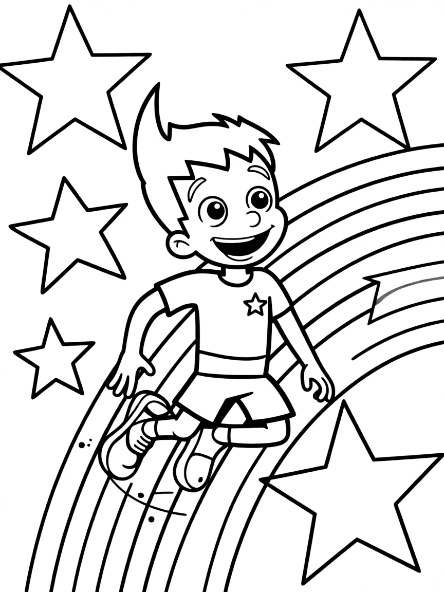 Jimmy Neutron jumping with joy, with stars and rainbows in the background.