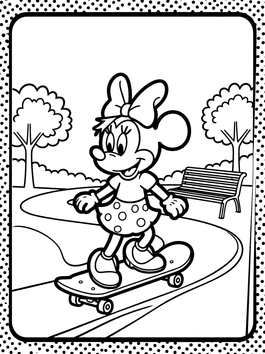 Minnie Mouse skateboarding in the park, inside a comic book frame.