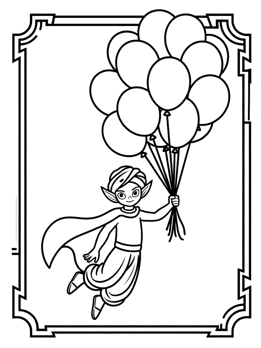 Piccolo flying with balloons, inside a comic book frame.