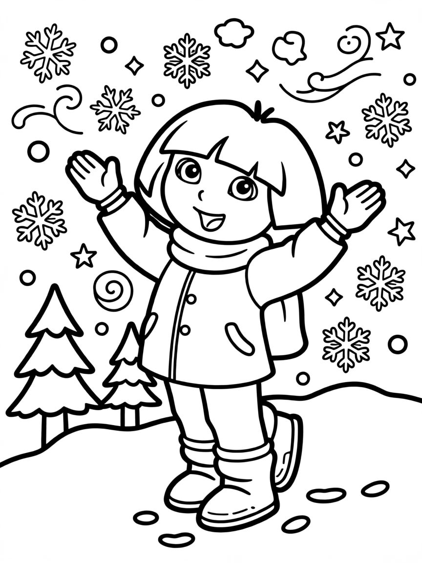 Dora the Explorer playing in the snow, with playful patterns around.