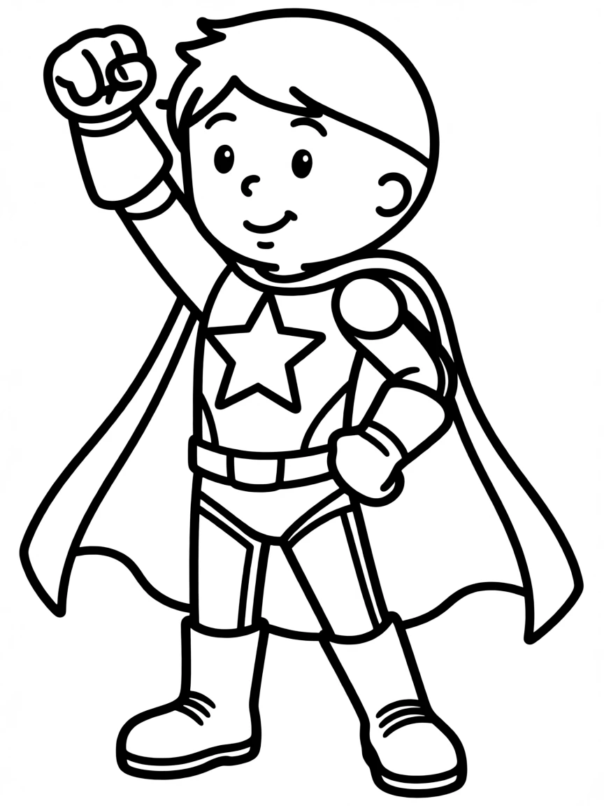 Caillou wearing a superhero costume, with big bold outlines for easy coloring.