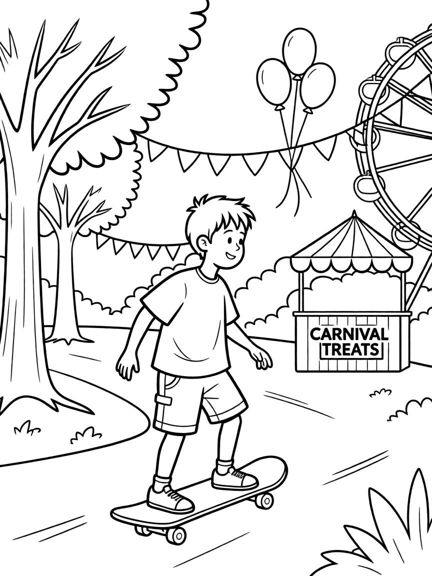 Chowder skateboarding in the park, at a carnival with colorful decorations.