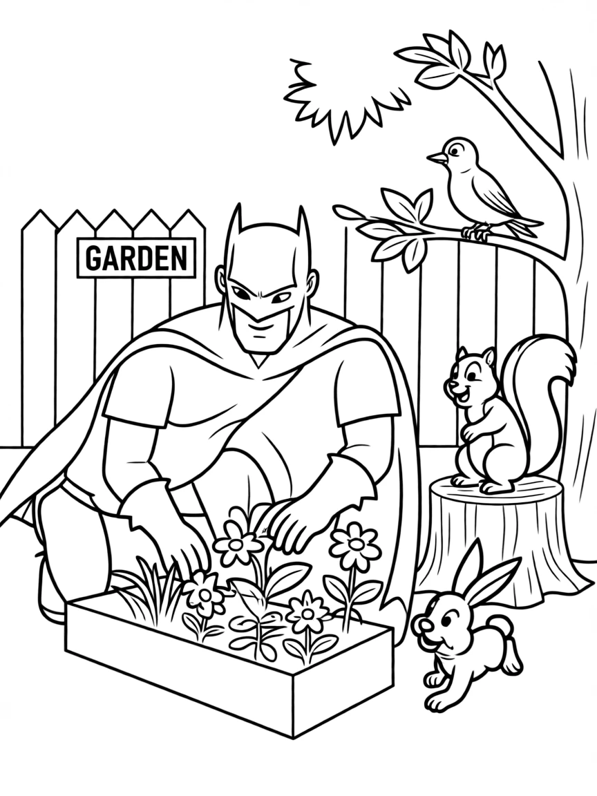 Batman: The Animated Series gardening, surrounded by friendly animals.