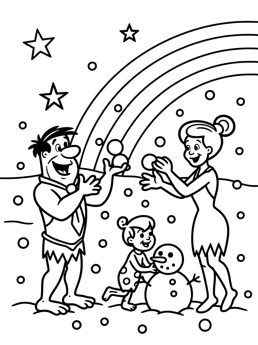 The Flintstones playing in the snow, with stars and rainbows in the background.