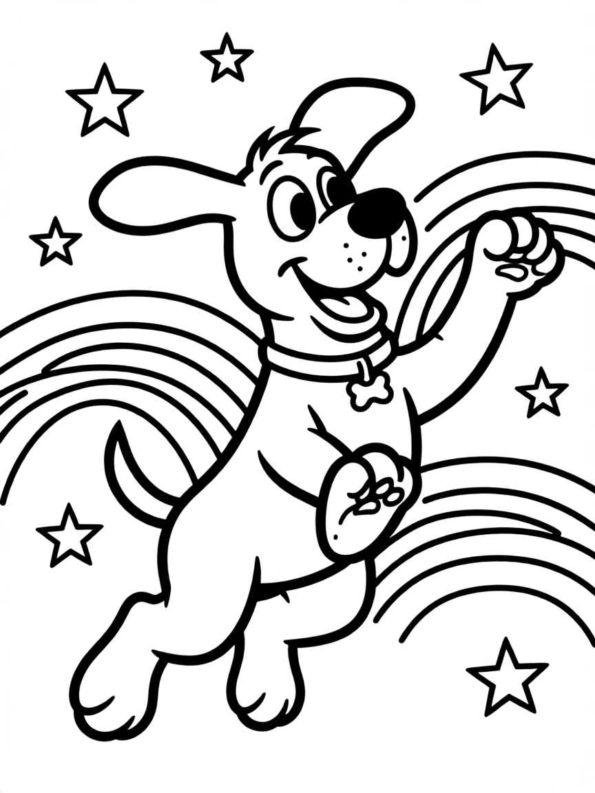 Clifford the Big Red Dog jumping with joy, with stars and rainbows in the background.