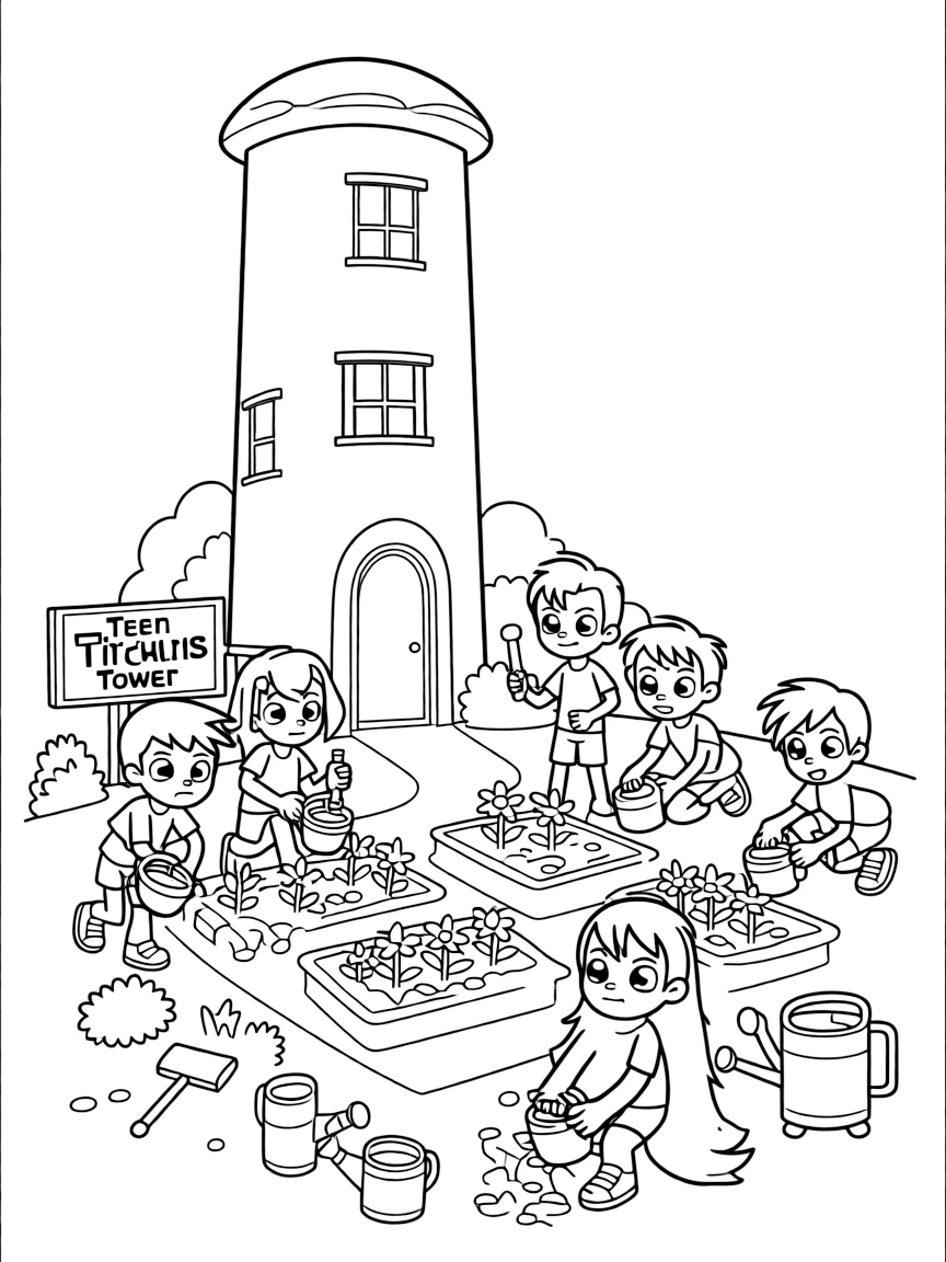 Teen Titans gardening, in front of their famous house or scene.