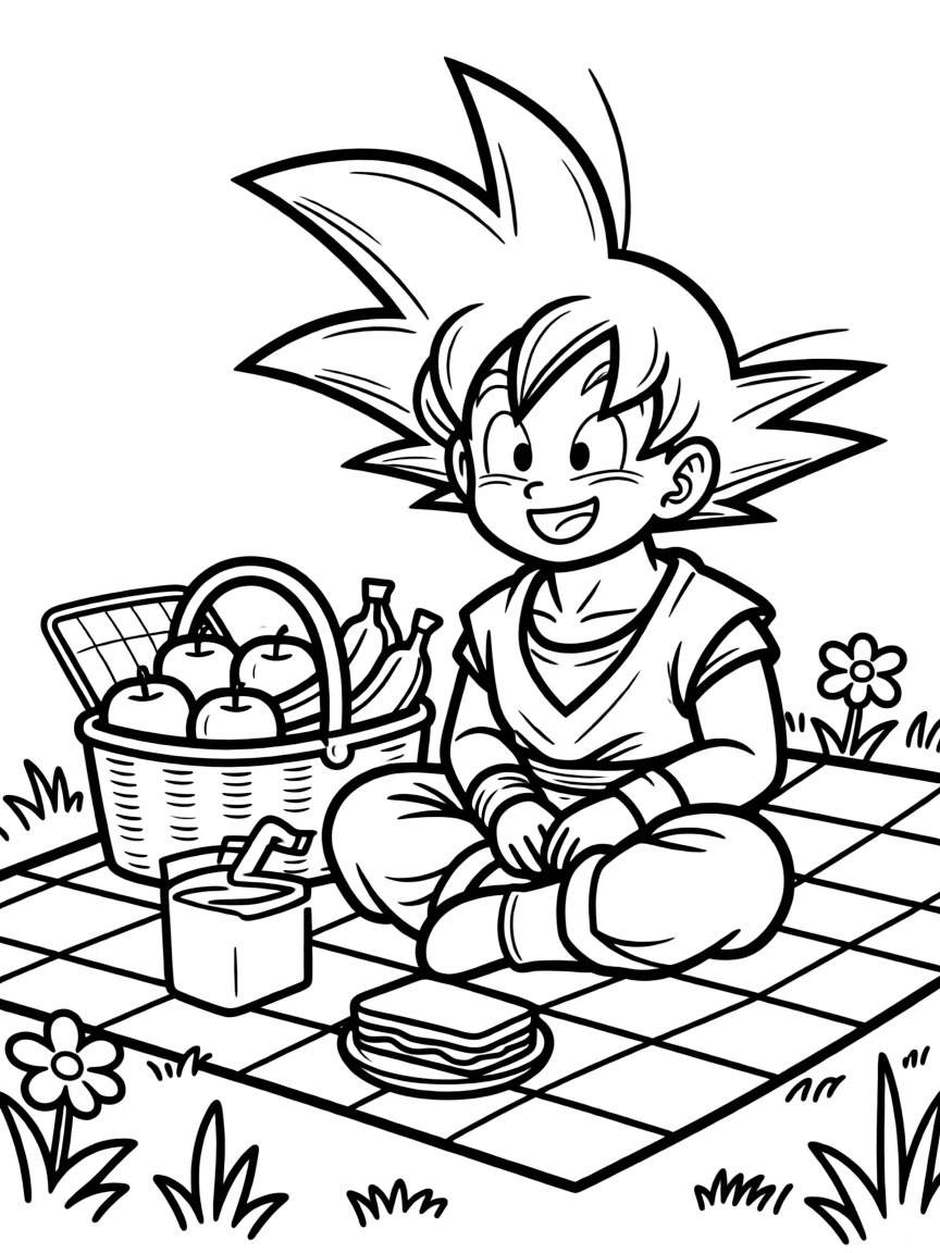 Goku having a picnic, with big bold outlines for easy coloring.