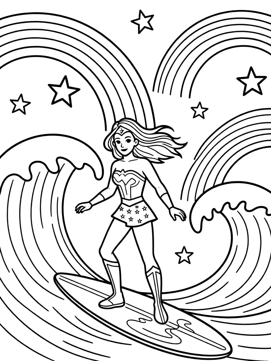 Wonder Woman surfing on waves, with stars and rainbows in the background.