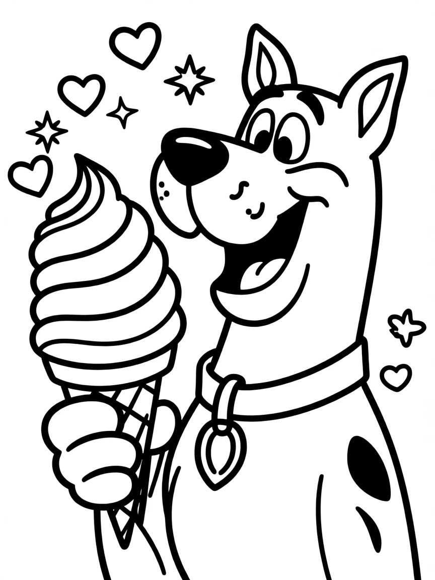 Scooby-Doo enjoying an ice cream cone, with hearts and sparkles around.