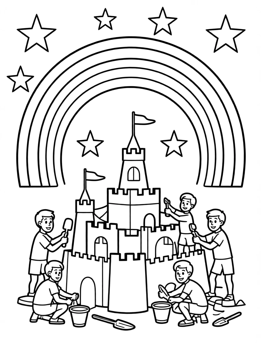 Justice League building a sandcastle, with stars and rainbows in the background.
