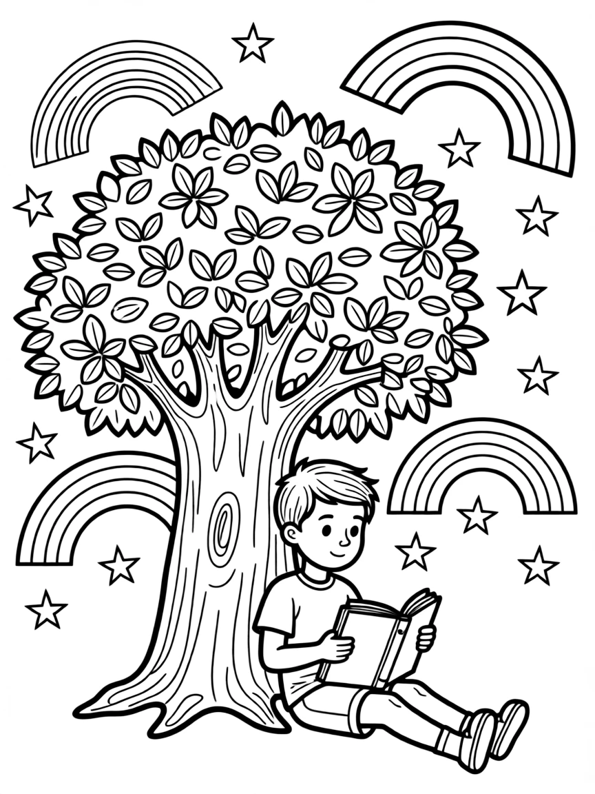 Arthur reading a book under a tree, with stars and rainbows in the background.