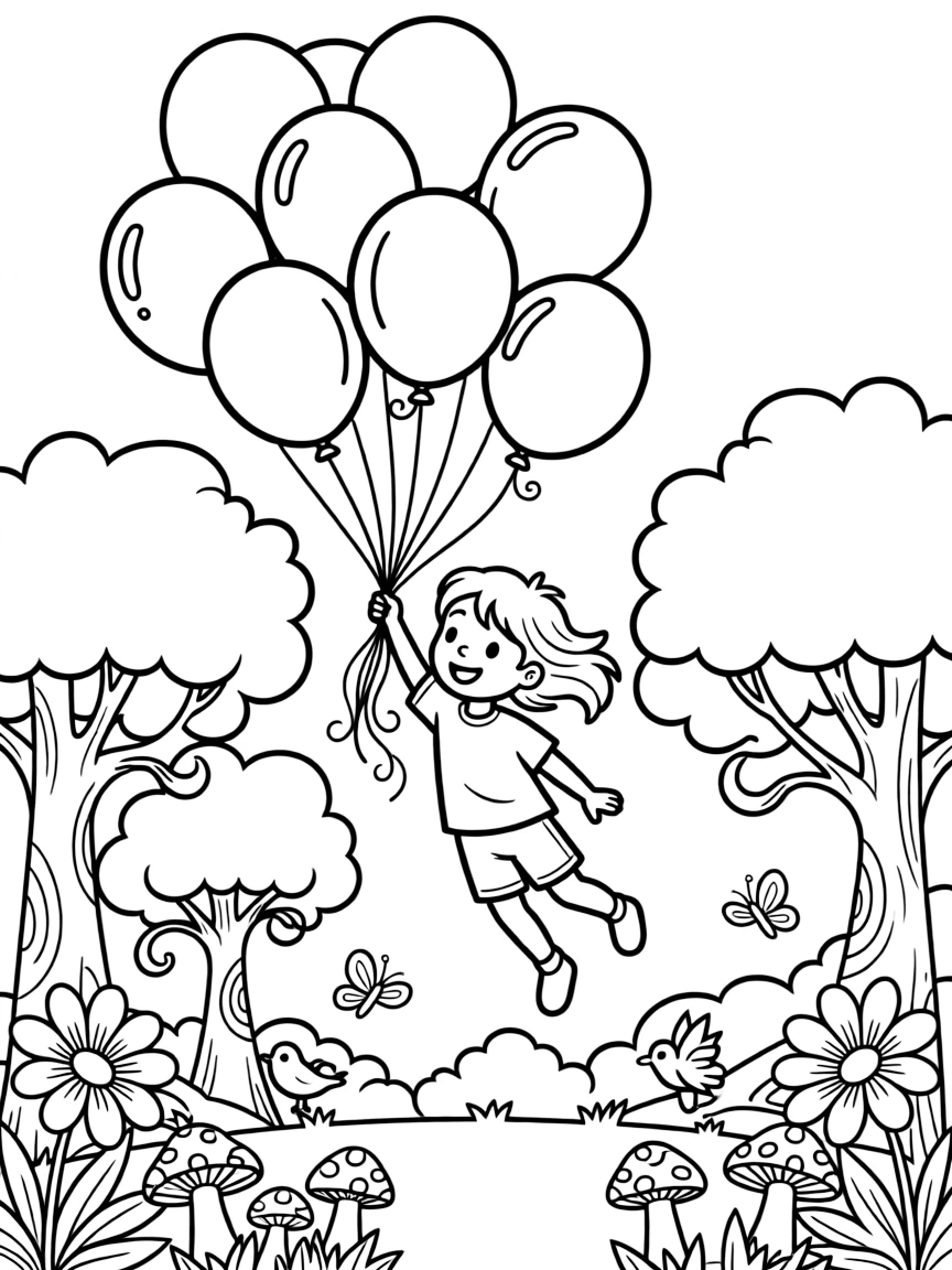 One Piece flying with balloons, in a magical forest setting.