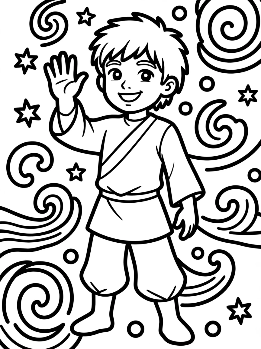 Avatar: The Last Airbender waving hello, with playful patterns around.