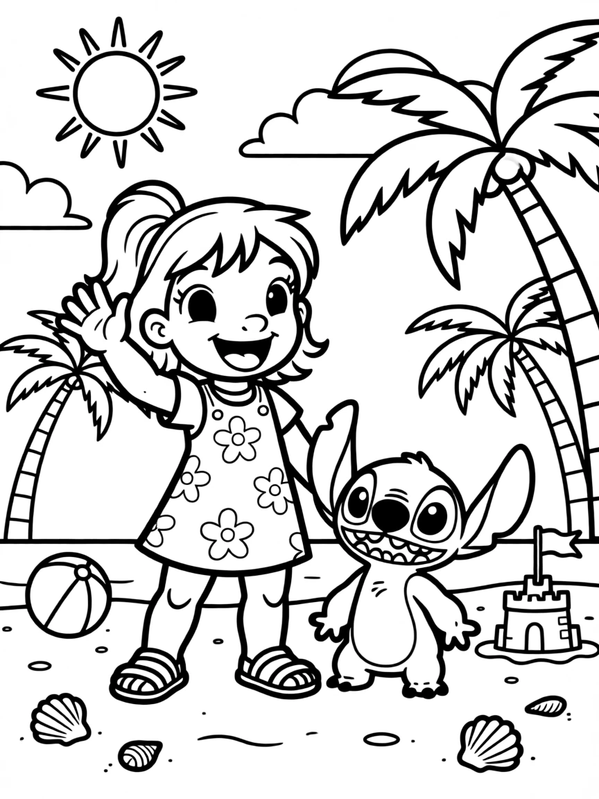 Lilo and Stitch waving hello, with fun background elements.