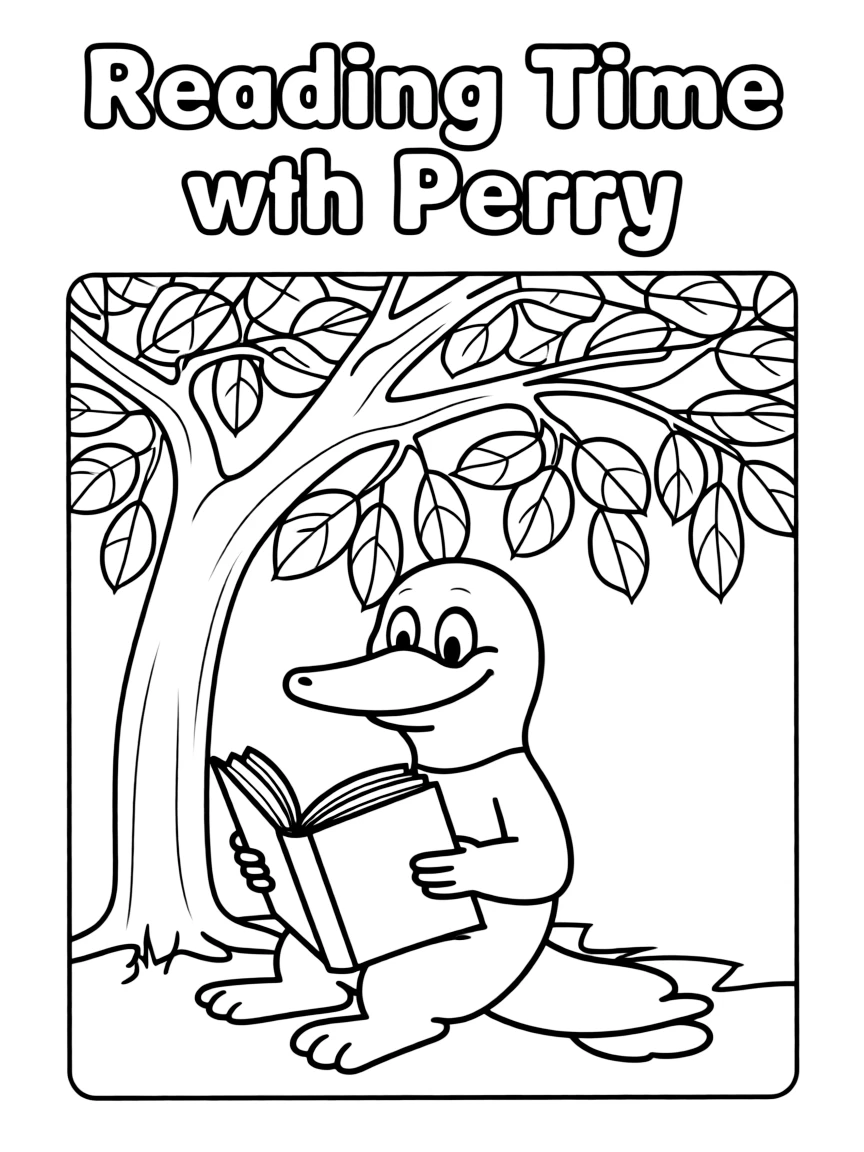 Perry the Platypus reading a book under a tree, inside a comic book frame.