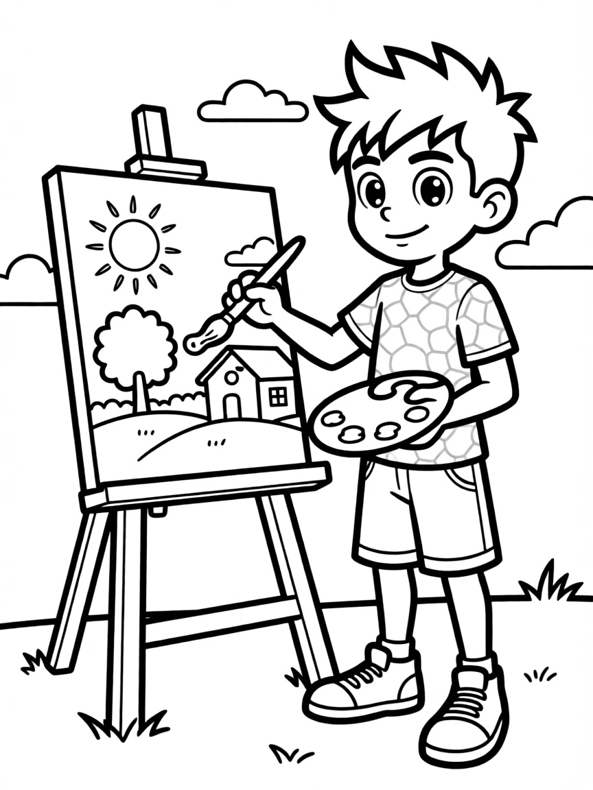 Ben 10 painting a picture, with big bold outlines for easy coloring.