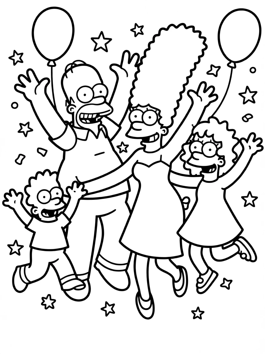 Simpsons jumping with joy, with fun background elements.