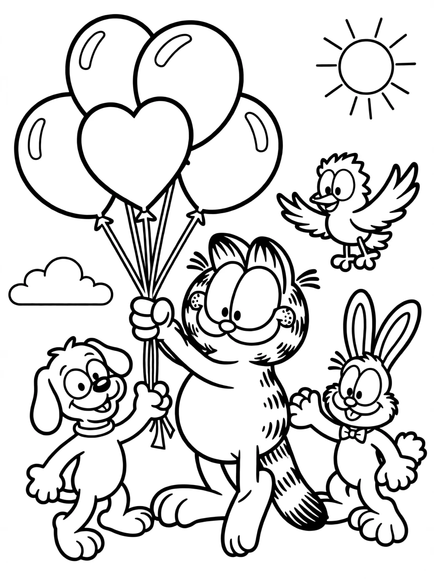 Garfield flying with balloons, surrounded by friendly animals.