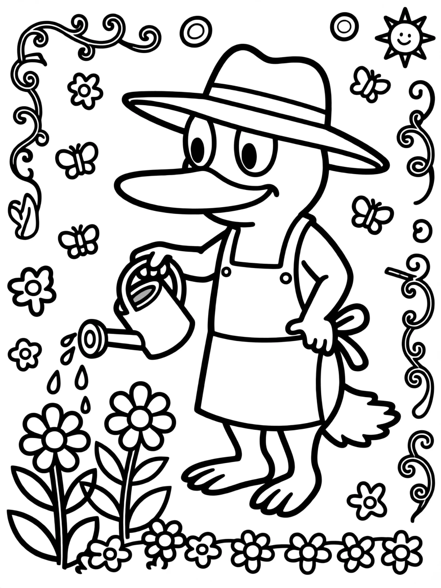 Perry the Platypus gardening, with playful patterns around.