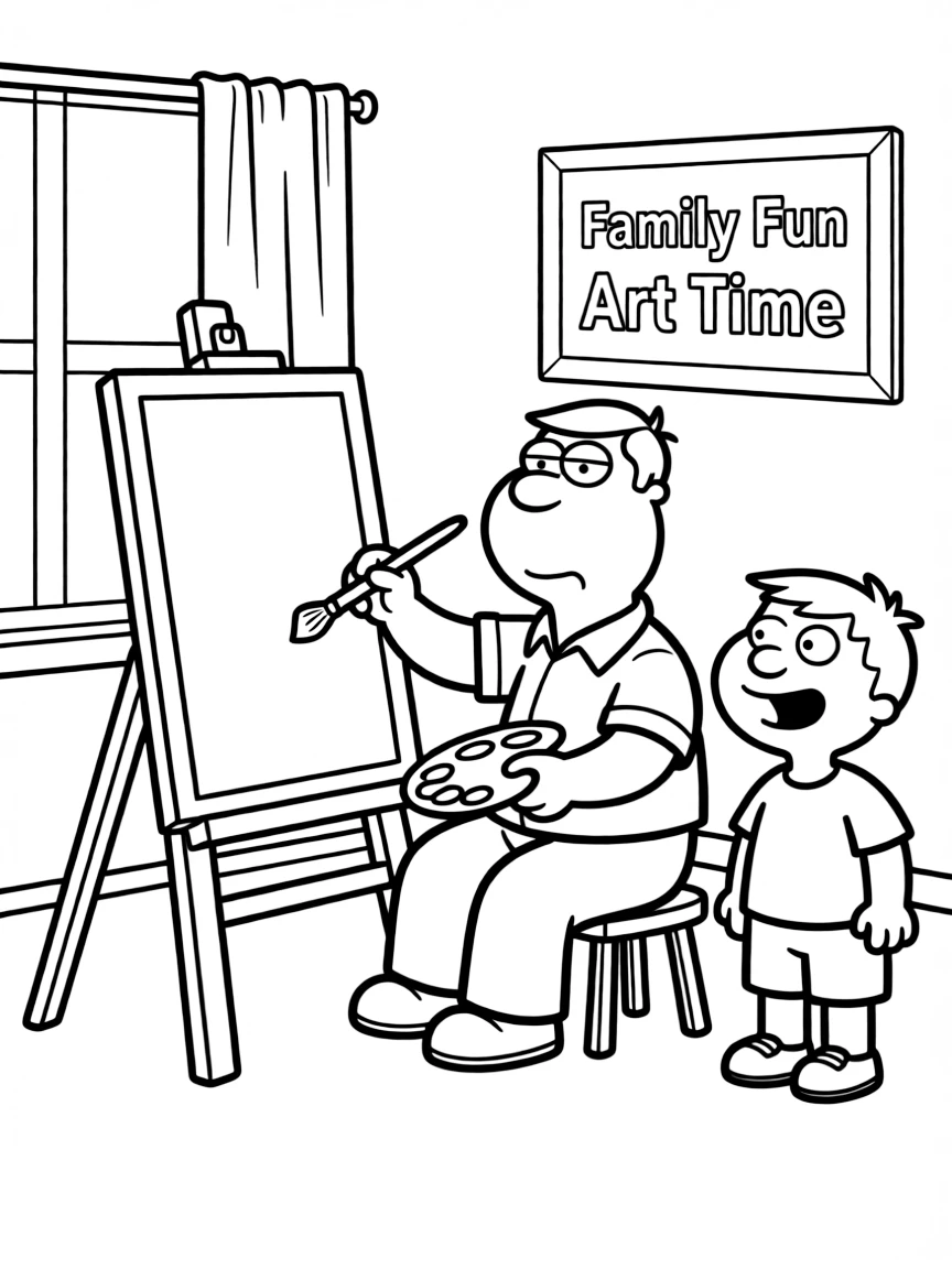 Family Guy painting a picture, with big bold outlines for easy coloring.