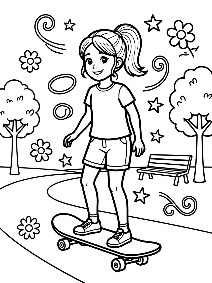 Daphne skateboarding in the park, with playful patterns around.