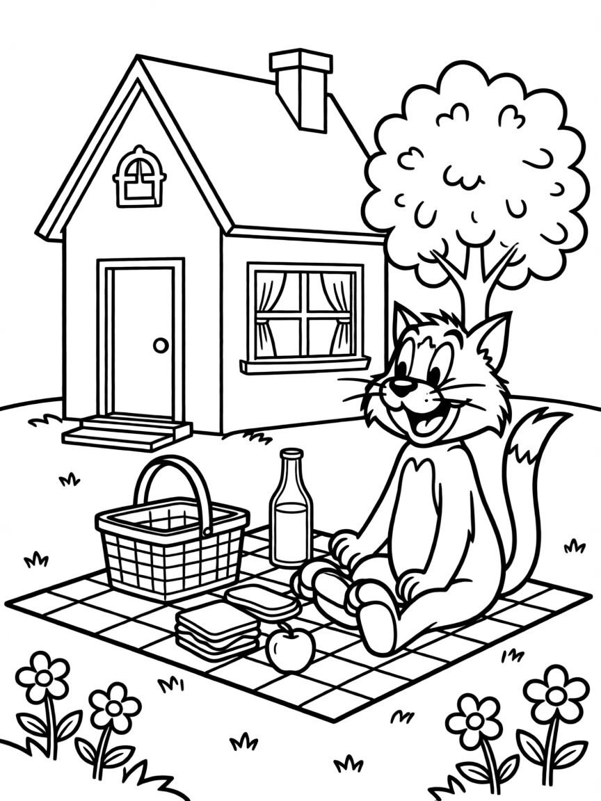 Sylvester having a picnic, in front of their famous house or scene.