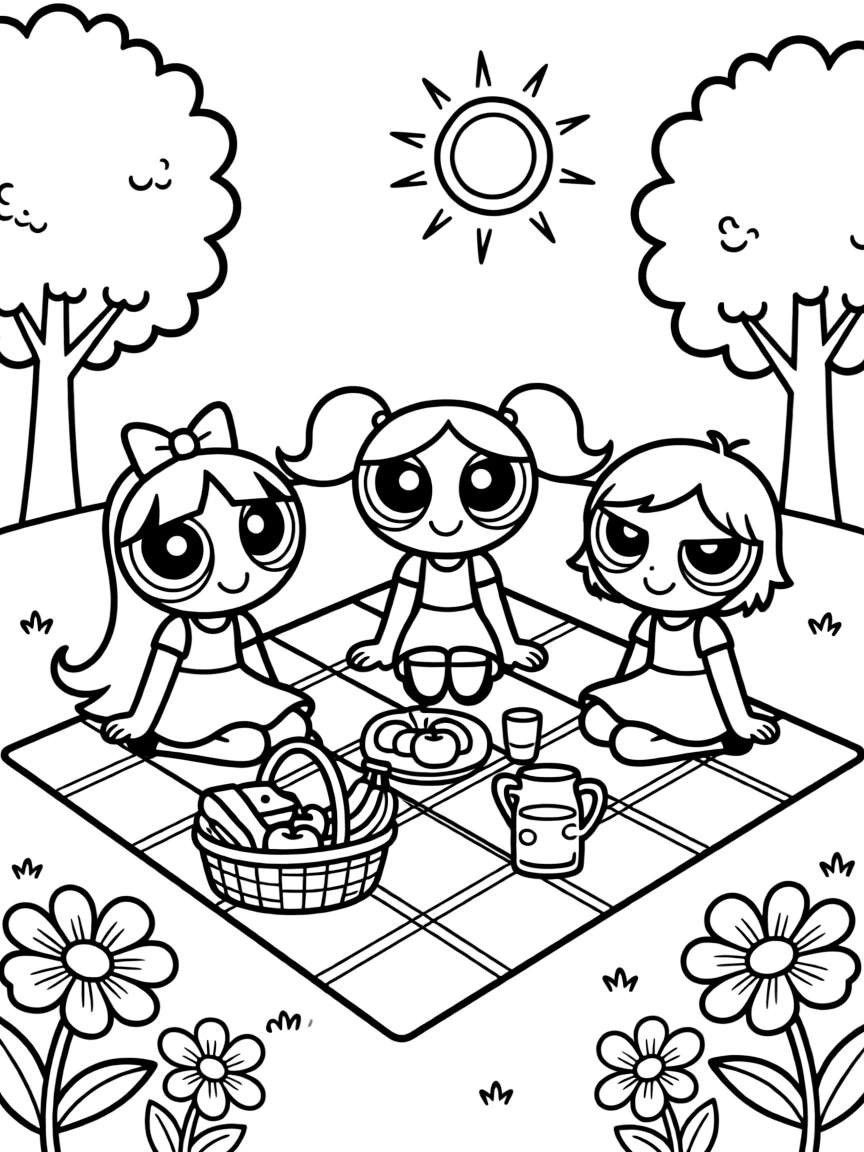Powerpuff Girls having a picnic, with big bold outlines for easy coloring.