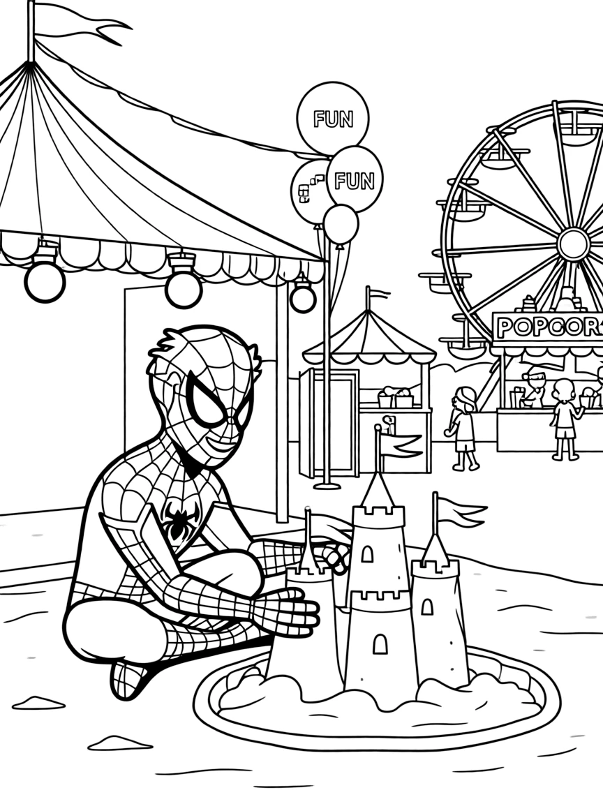 Spider-Man building a sandcastle, at a carnival with colorful decorations.