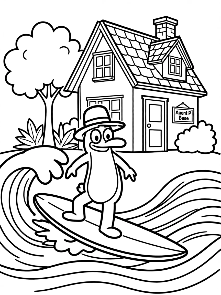 Perry the Platypus surfing on waves, in front of their famous house or scene.